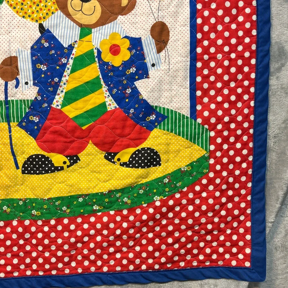 Handmade Baby Quilt Infant Multicolor Circus Teddy Bear Clown Polka Dot Patch